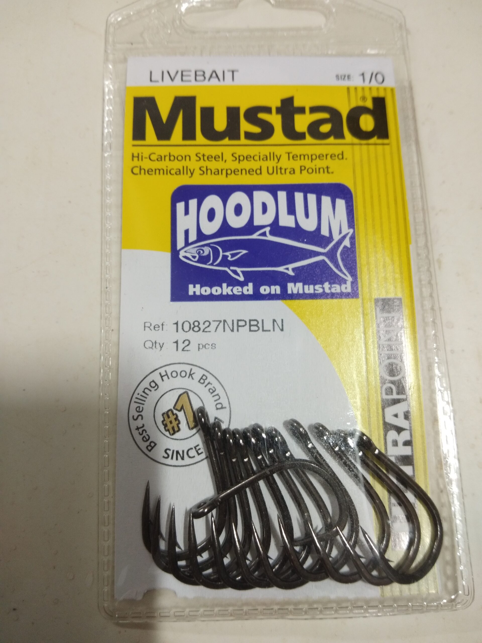 12x Mustad Hoodlum #1/0 Fishing Hooks 10827NPBLN Ultra Point